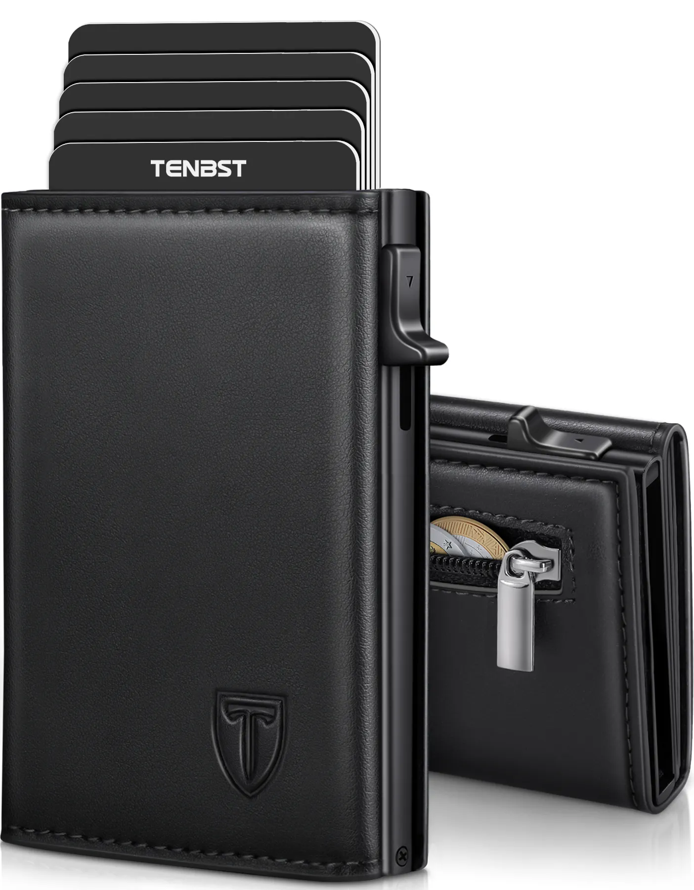 TENBST Geldbörse Herren, Slim Wallet Geldbeutel mit Münzfach &amp;amp; RFID Schutz, Leder Portmonee, 8 Fächer für Kreditkarten, Kartenetui Herren, Geschenke zum Vatertag - Schwarz