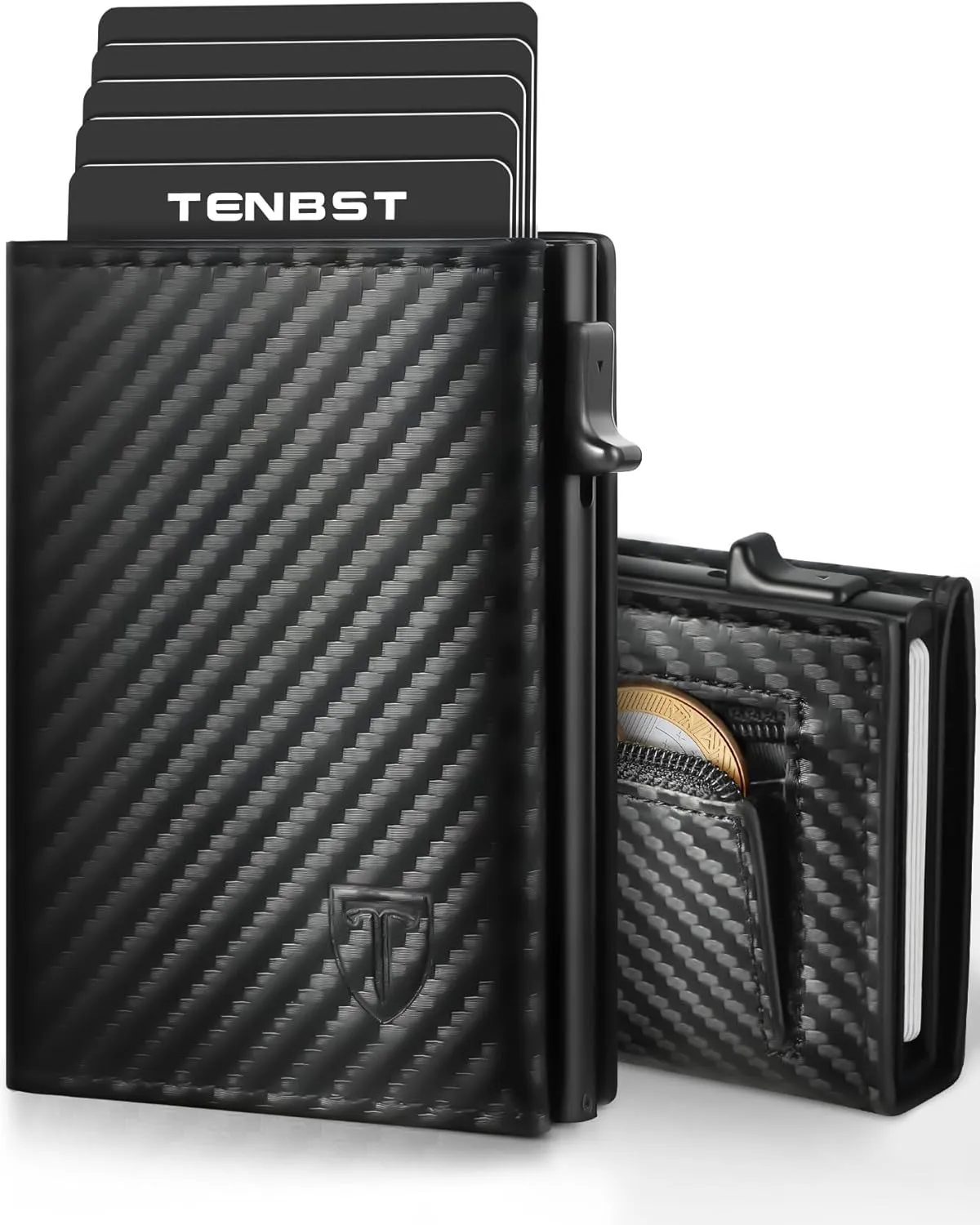 TENBST Geldbörse Herren | Slim Wallet mit Münzfach &amp;amp; RFID-Schutz | Portmonee Herren | Mini Kartenetui Kartenhalter Geldbeutel | Geschenke zum Vatertag | Carbon-Schwarz