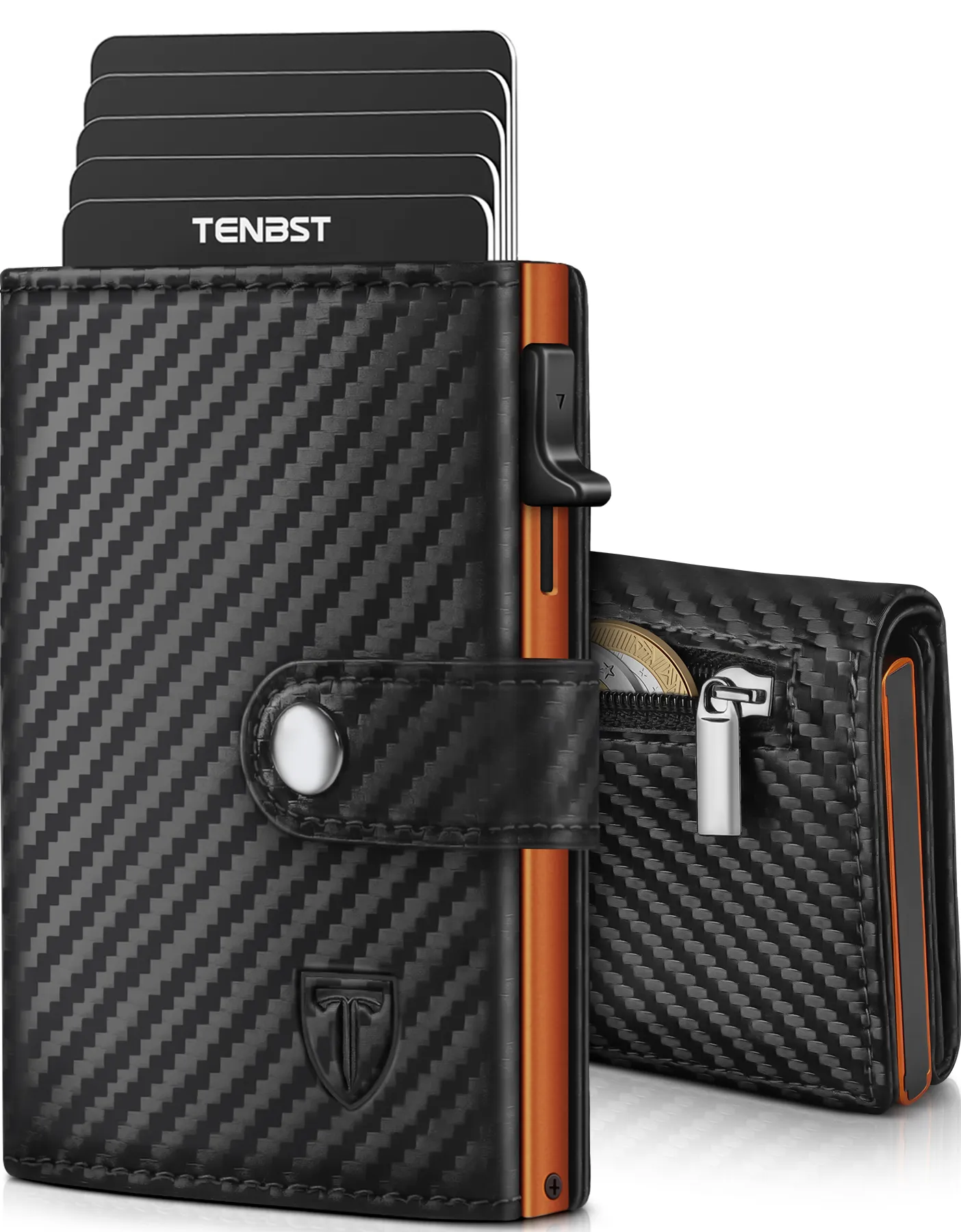 TENBST Geldbörse Herren - Portmonee Herren mit Münzfach &amp; RFID Schutz, Hochwertige Slim Wallet, Kartenetui Klein 8-10 Karten, Premium Geldbeutel, Geschenke zum Vatertag (Schwarz &amp; Oran