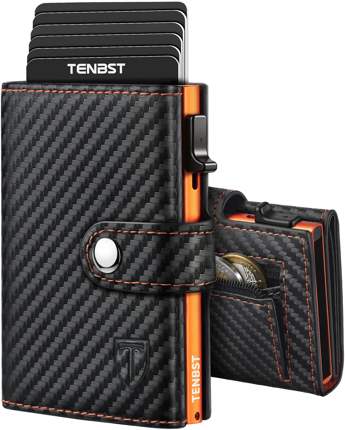 TENBST Geldbörse Herren mit Münzfach &amp; RFID Schutz, Slim Wallet Kartenetui für 10 Kreditkarten, Portmonee Geldbeutel Herren, Kreditkartenetui Klein - Geschenke zum Vatertag (Orange- schwarz)