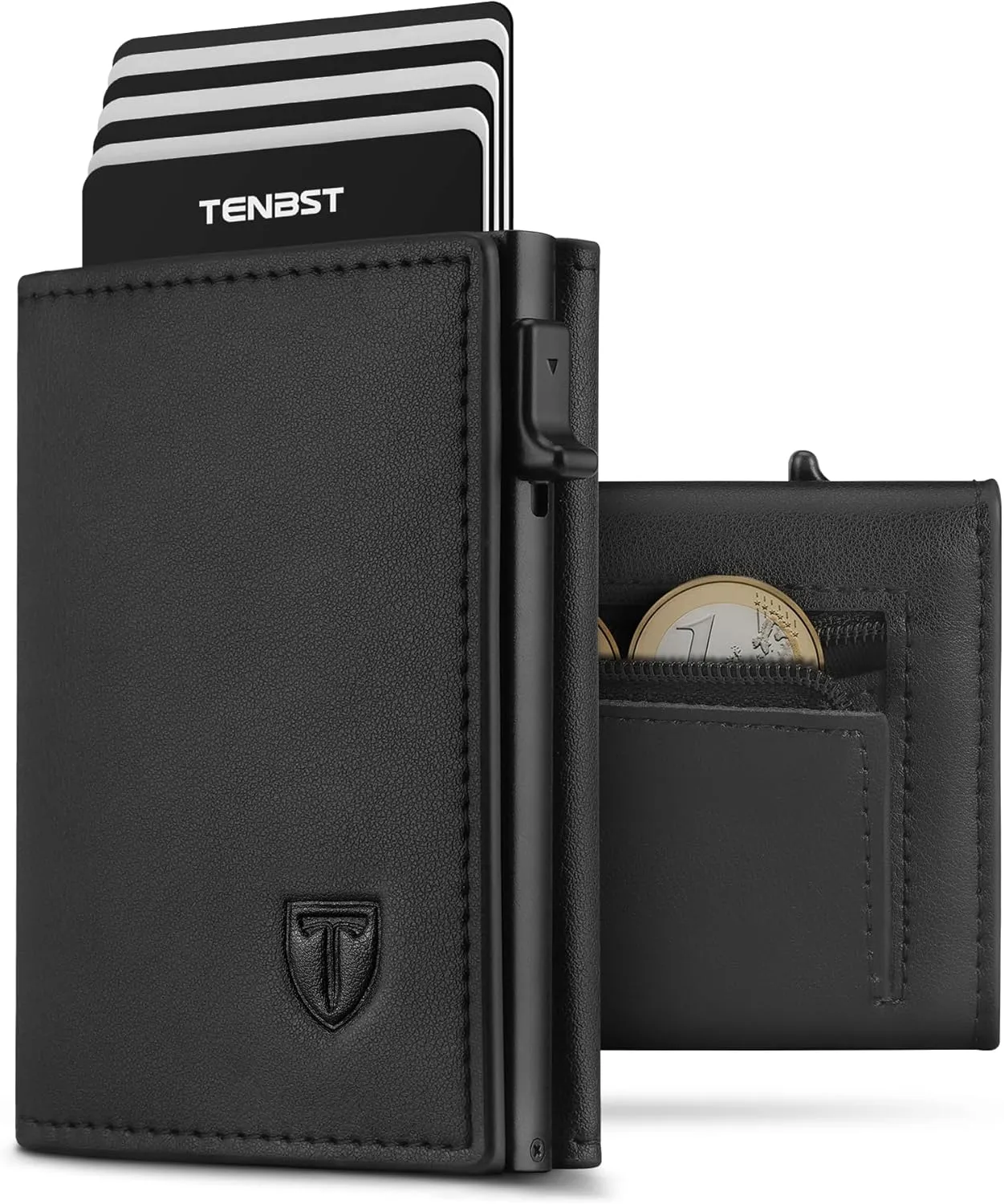 TENBST Geldbörse Herren mit RFID Schutz, Slim Wallet mit Münzfach, 10 Karten Portmonee Geldbeutel Herren, Magnetischer Wallets for Men, Kreditkartenetui Klein, Geschenke zum Vatertag - Schwarz