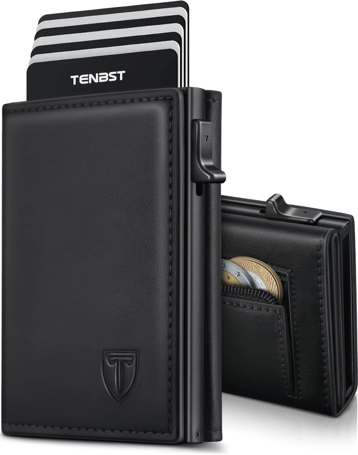 TENBST Geldbörse Herren - Portmonee Herren mit Münzfach & RFID Schutz, 8 Fächer für Kreditkarten, Kartenetui, Slim Wallet Geldbeutel, Geschenke zum Vatertag - Schwarz