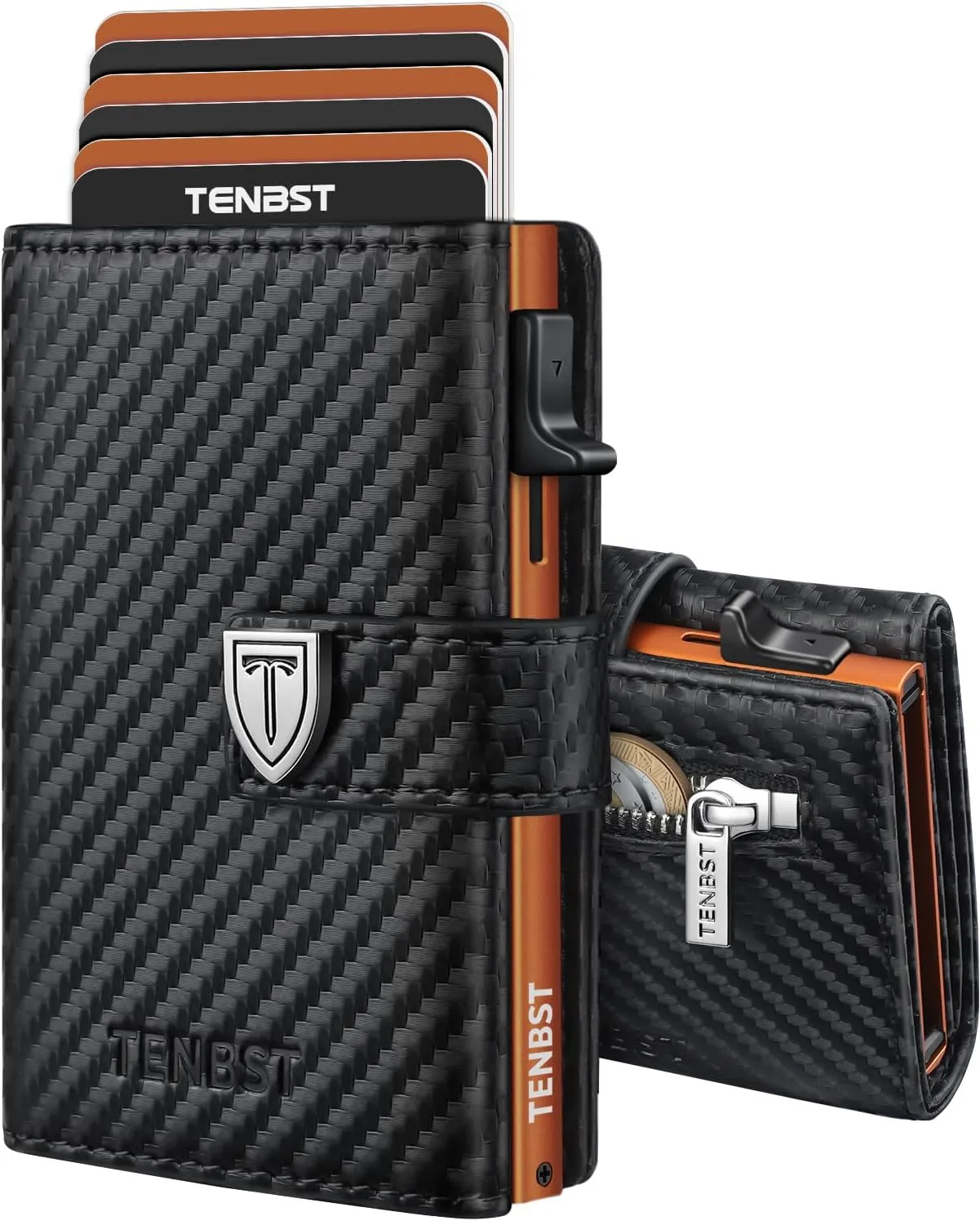 TENBST Ultradünne Geldbörse Herren, Portmonee Herren mit Münzfach & RFID Schutz, Premium Slim Wallet, Luxus Geldbeutel Kartenetui für 10 Kreditkarten, Geschenke zum Vatertag - Schwarz & Orange