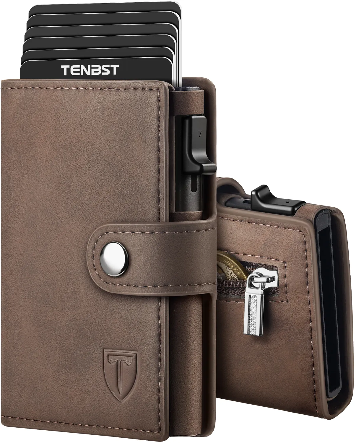 TENBST Slim Wallet mit Münzfach, Geldbörse Herren RFID Schutz, Kunstleder Portmonee Herren, Automatisches Pop-up-Kreditkartenetui, Geschenke zum Vatertag - Braun